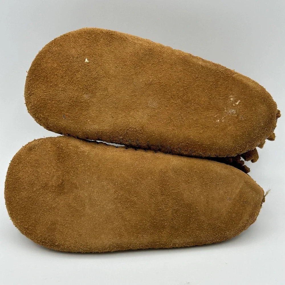Vtg Minnetonka Brown Suede Moccasin Booties Infant Sz6 PaPooShu Fringe Boho Baby